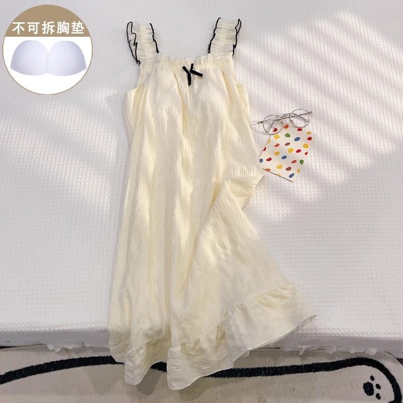 宫廷风睡裙女新款夏季带胸垫纯棉杏色感吊带睡衣甜美夏天家居服Fuyang Princess style sleepwear with lace and sweet camisole, girls' pu