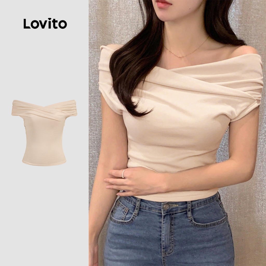 Lovito เสื้อยืดลําลองผู้หญิงฤดูร้อนฤดูใบไม้ผลิสีแอปริคอทแบบย่นซ้อนกัน L178ED291