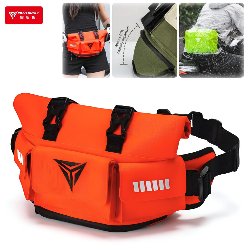 MOTOWOLF กระเป๋าคาดเอวรถจักรยานยนต์ 7L มัลติฟังก์ชั่นม้วนด้านบน Crossbody หัวเข็มขัดแม่เหล็กขยายได้