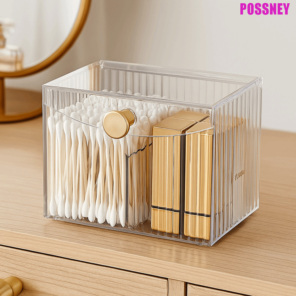 POSSNEY กล่องเก็บสําลี, กล่องเก็บสําลีฝาพับ 2-Grid, ที่เก็บเครื่องสําอางกันฝุ่นพลาสติกใส Swab Pad Holder ห้องน้ํา