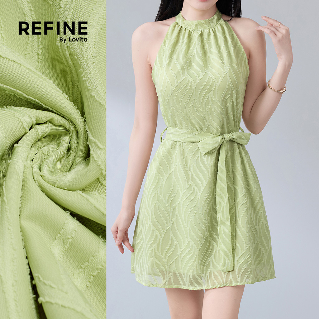 (Refine by Lovito) เดรสลําลองผู้หญิง สีเขียวสปริง/ซัมเมอร์ แบบพลีตสองชั้นพร้อมเข็มขัด LR35E020