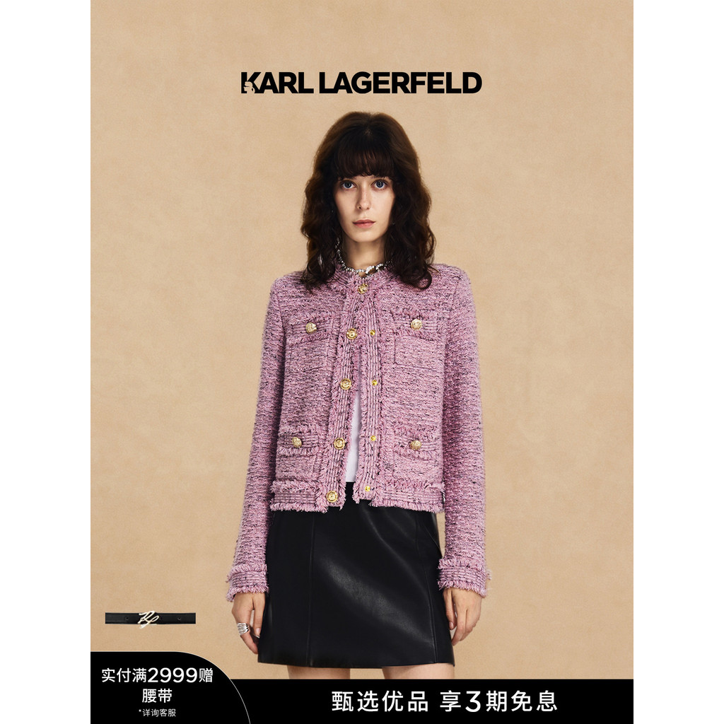 KARL LAGERFELD สีชมพูสี่กระเป๋ากลิ่นหอมขนาดเล็กเสื้อสเวตเตอร์ถักฤดูหนาวผู้หญิงเสื้อผ้า Lafayette Laf