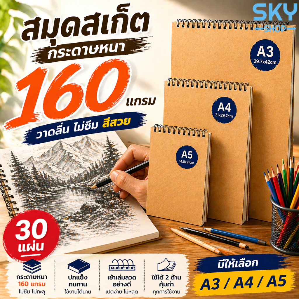 SKY สมุดสเก็ต A3 A4 A5 กระดาษหนา 160 แกรม 30แผ่น ปกแข็ง วาดลื่น ไม่ซึม ใช้ได้ 2 ด้าน สมุดวาดภาพ Sketchbook