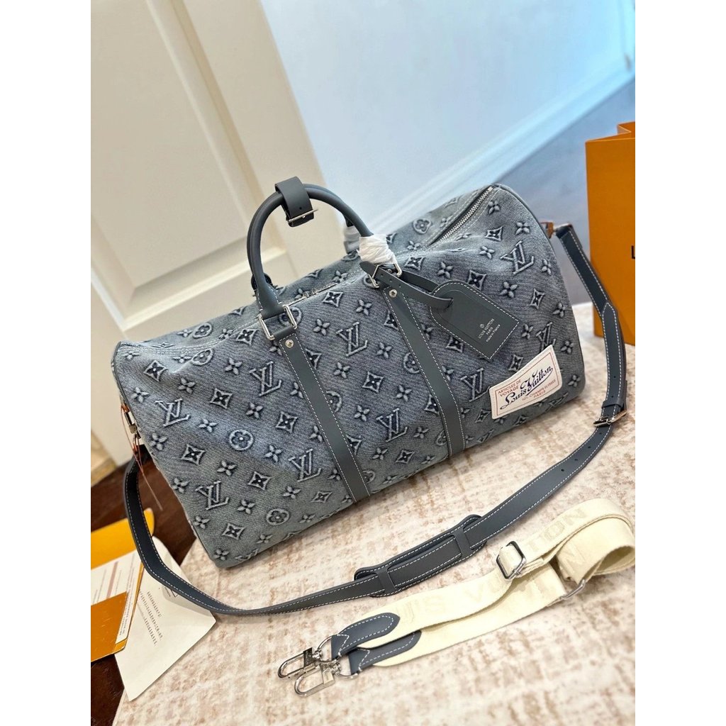 Louis Vuitton, LV, มีสายสะพายสองตัว Cool Medium Keepall Presbyopic Denim Travel Bags Keepall One The