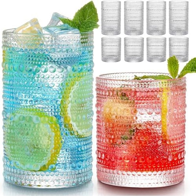 Vintage Hobnail Drinking Glasses Set of 8, 12 oz Highball Glasses & 10 oz Cocktail Glasses Set, Kitc