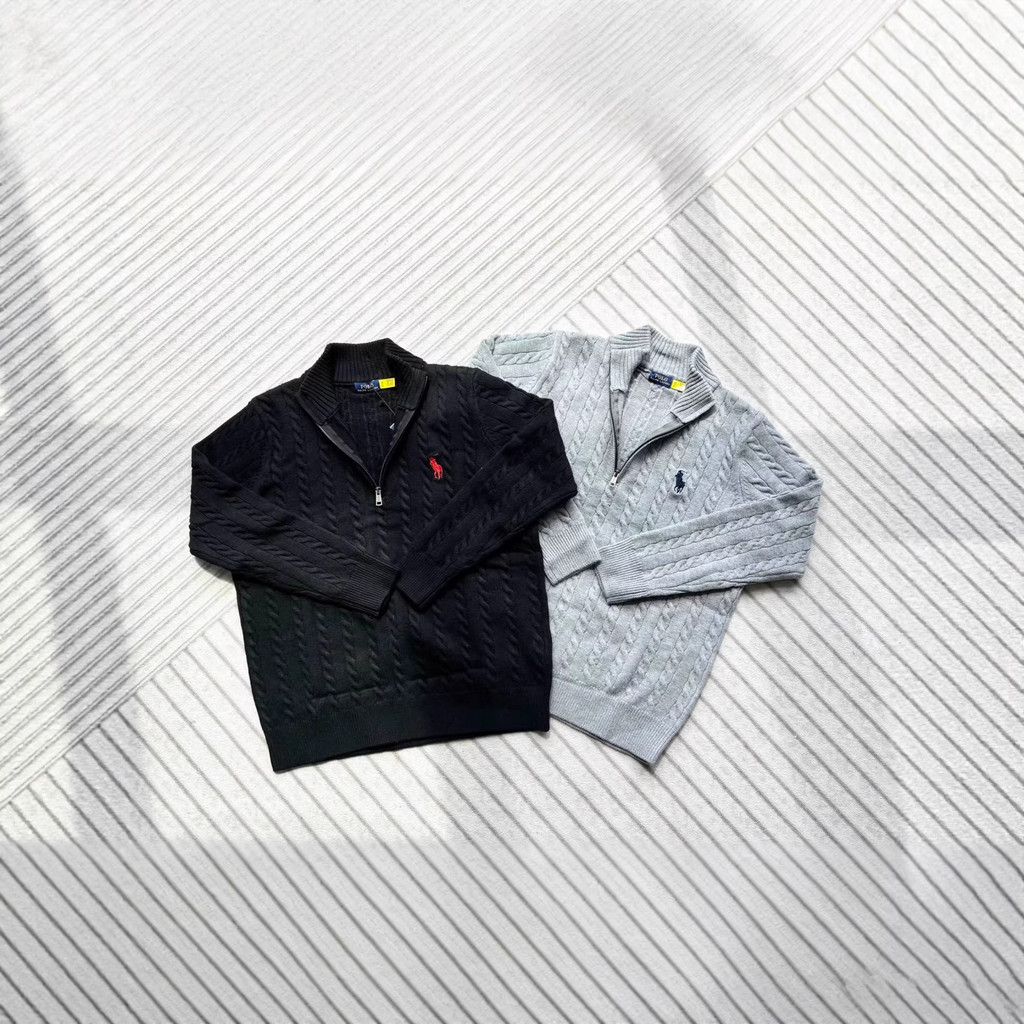 96E9 RL Pony embroidery half-zip stand-up collar solid color cable knit sweater unisex