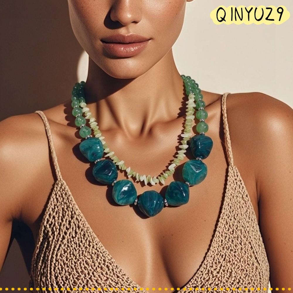 QINYUZ9QX Geometrics สร้อยคอ,ลูกปัดสีเขียวสร้อยคอสองชั้น,ไม่สม่ําเสมอ Niche Design Choker สร้อยคอผู้