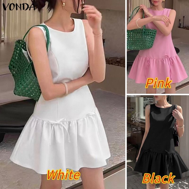 VONDA ผู้หญิงเกาหลีสไตล์ Girlish ปิดไหล่แขนกุดเอวติดตั้งสาย Ruffle Hem โบว์ทอ Slim Fit ชุดมินิ — صورة 3