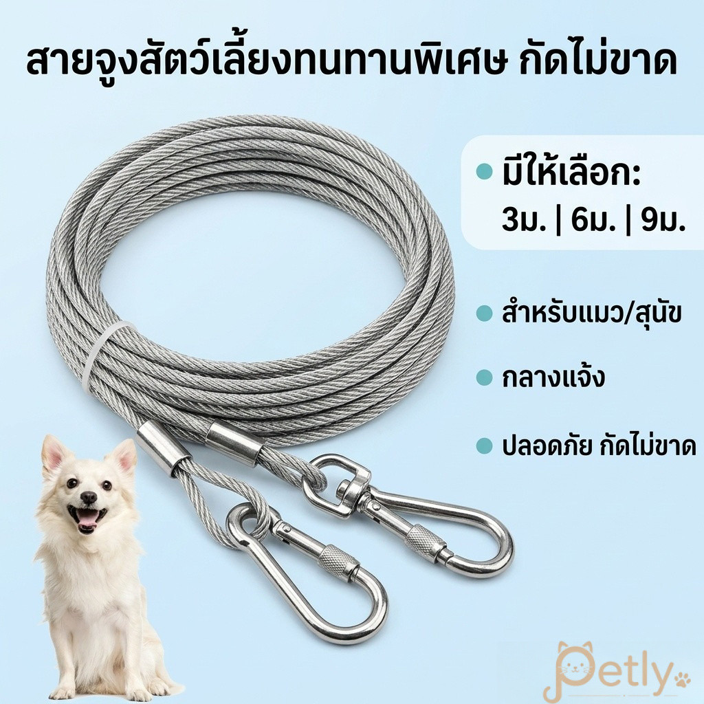 Petly สายจูงสลิงสุนัข 3-9ม. ลวดเหล็กกันสนิม แข็งแรงทนทาน กัดไม่ขาด สำหรับฝึกกลางแจ้ง