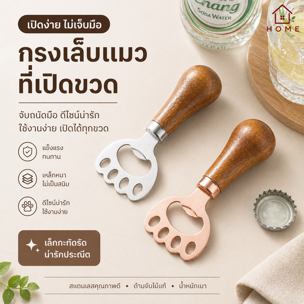 Home007 ที่เปิดขวดลายอุ้งเท้าแมว ที่เปิดขวด ด้ามไม้แท้ สแตนเลส แข็งแรง น่ารัก พกพาง่าย Cat Paw Bottle Opener