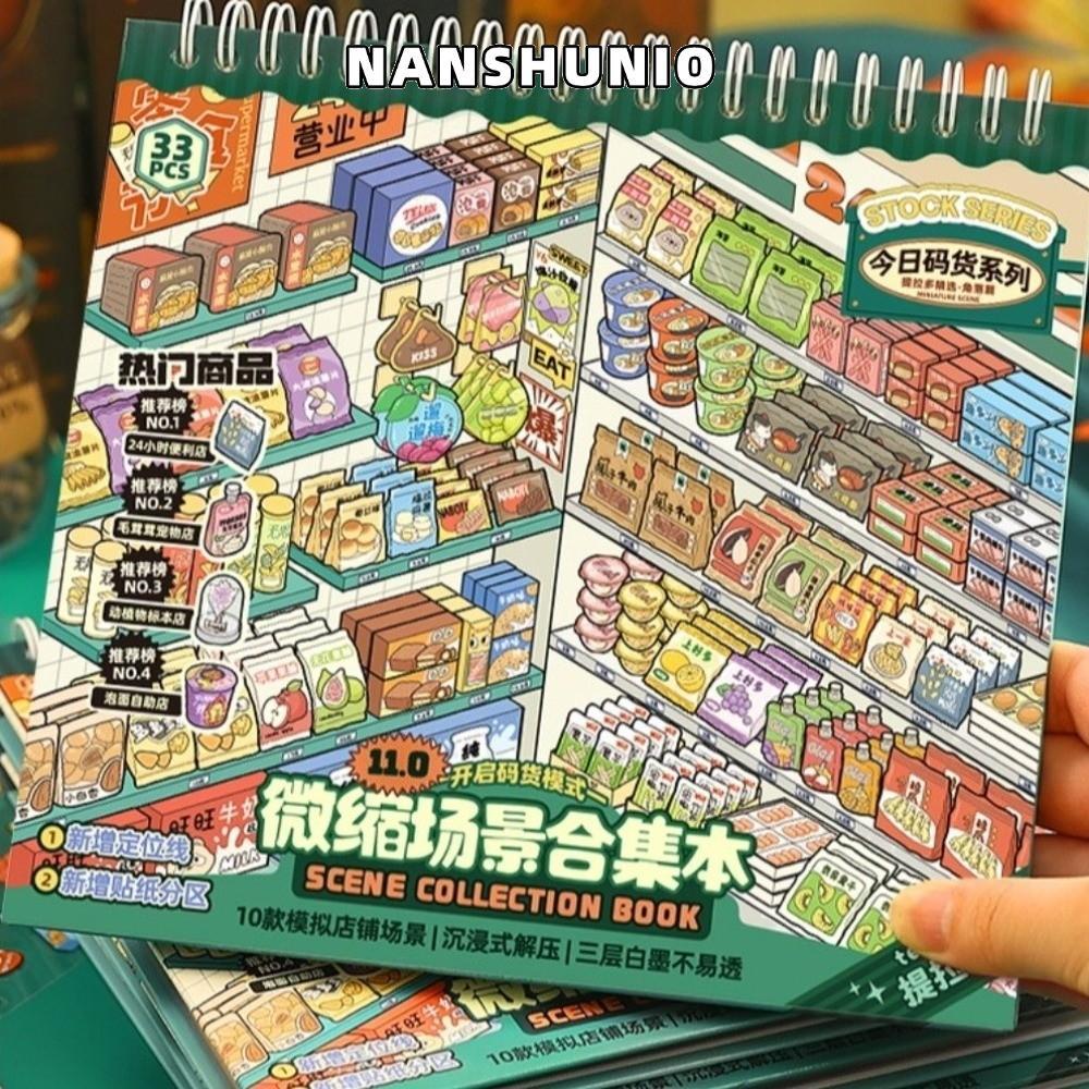 NANSHUNIO สติ๊กเกอร์ฉากจิ๋ว, PET Store Series Mini Scenery สติ๊กเกอร์, 11.0 ไดคัท 10 ฉาก 33 แผ่น Shop Scene Sticker Book ของเล่นเด็ก