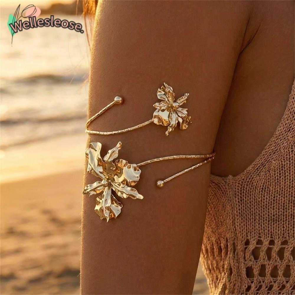 WELLE Open Cuff Armlet, Flower Craft Boho Style Upper Arm Bracelet, Adjustable Flower Arm Bracelet W