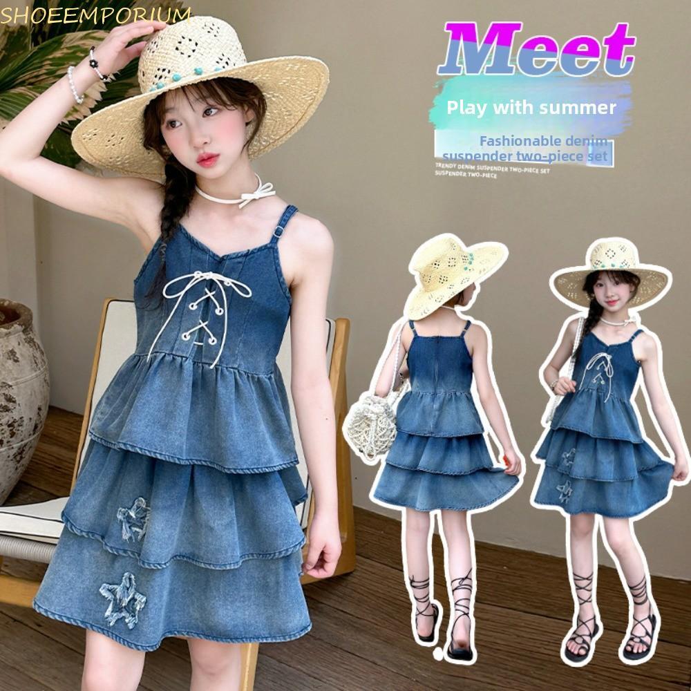 SHOEEMPORIUM Girls Cowboy Dress, Suspenders Princess Children Denim Strap Skirt, Sweet Gradient Holi
