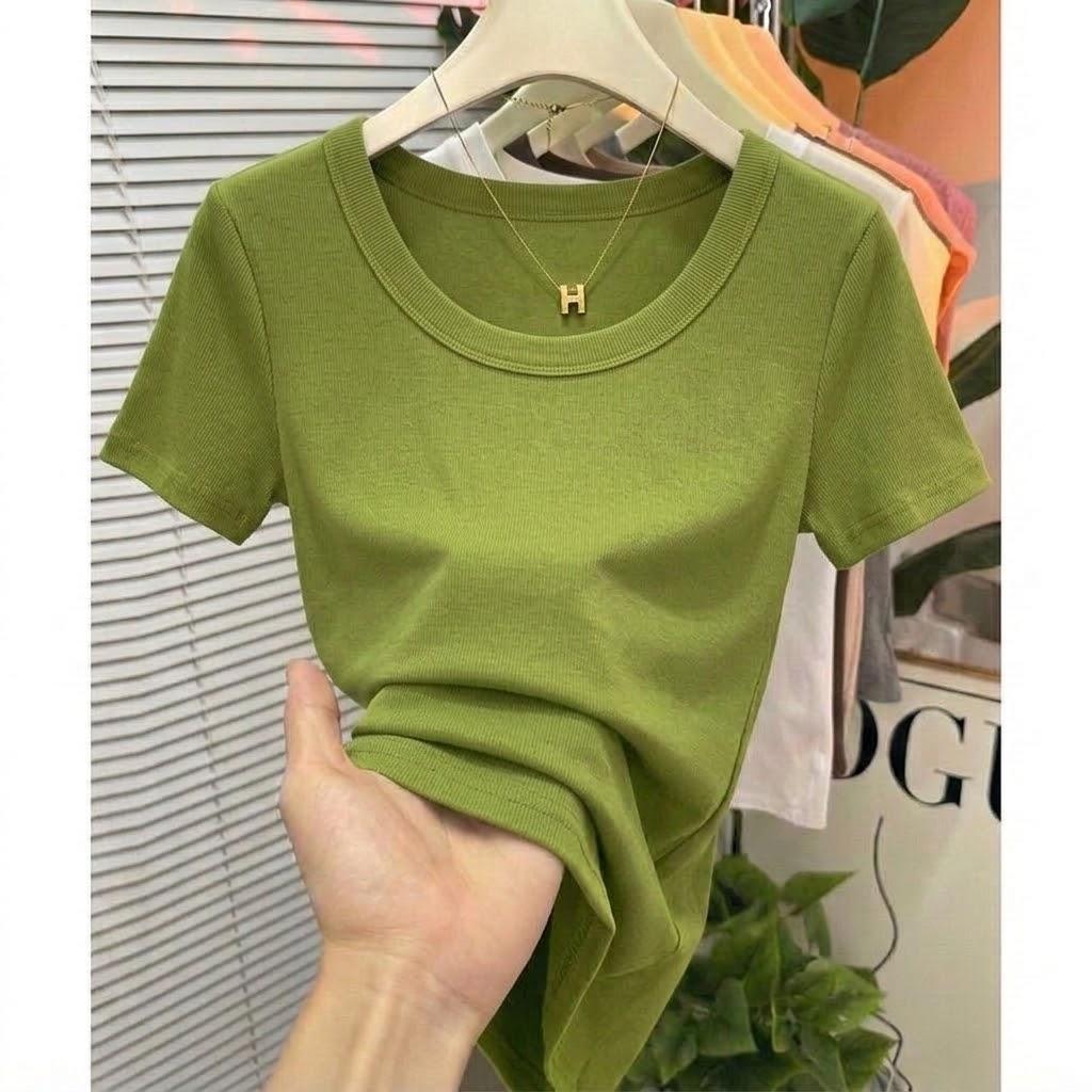 เสื้อยืดผู้หญิงคอยู ผ้านุ่มใส่สบาย สีขาวไม่บาง แมทช์ง่ายทุกลุค