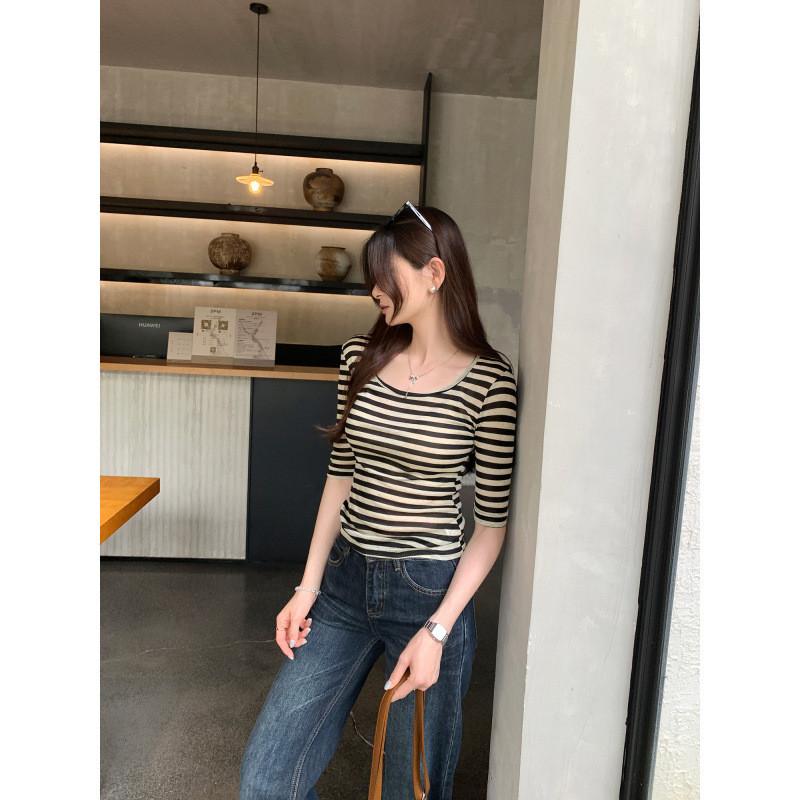 T Lyocell Tencel Design Stripes เสื้อยืดแขนสั้นสีตัดกันผู้หญิง 0 ฤดูร้อนที่สวยงามด้านบน 5.4