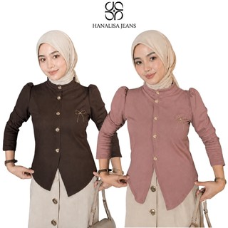 Hanalisa Jeans - Blouse Atasan Knit Pita Cardigan Wanita Rajut Lengan panjang Puffy Korean Style