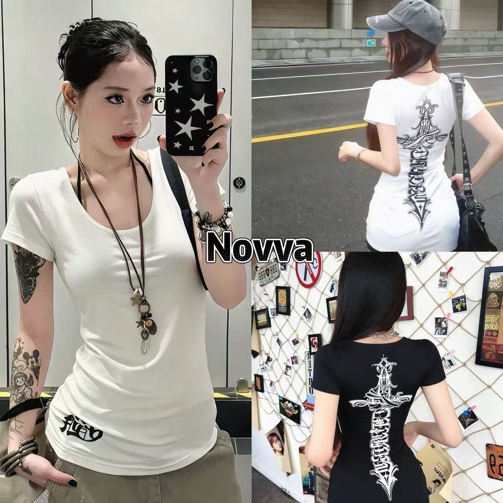 Novva ส่งไวจากไทย เสื้อแขนสั้น คอวี ลายจุดหัวใจ แต่งโบว์ เซ็กซี่ ใส่แล้วดูดี สไตล์เกาหลี
