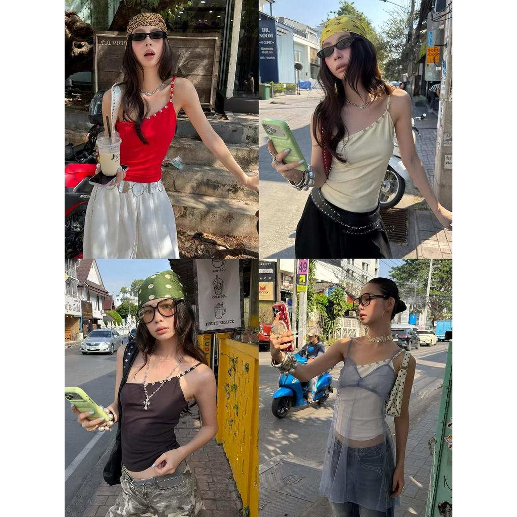 BY0507 เสื้อกล้ามสายเดี่ยวเบี่ยง แต่งกระดุม ทรงเข้ารูป benly co