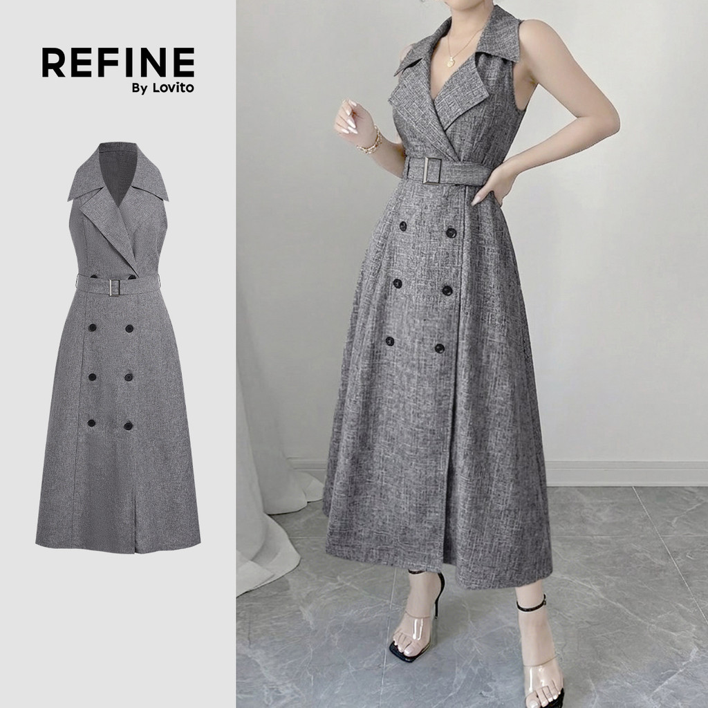 (Refine by Lovito) เดรสสีเทาสําหรับผู้หญิง เดรสกระดุมคู่พร้อมเข็มขัดและกระเป๋า เหมาะสําหรับฤดูใบไม้ผลิ/ฤดูร้อน LR35E397