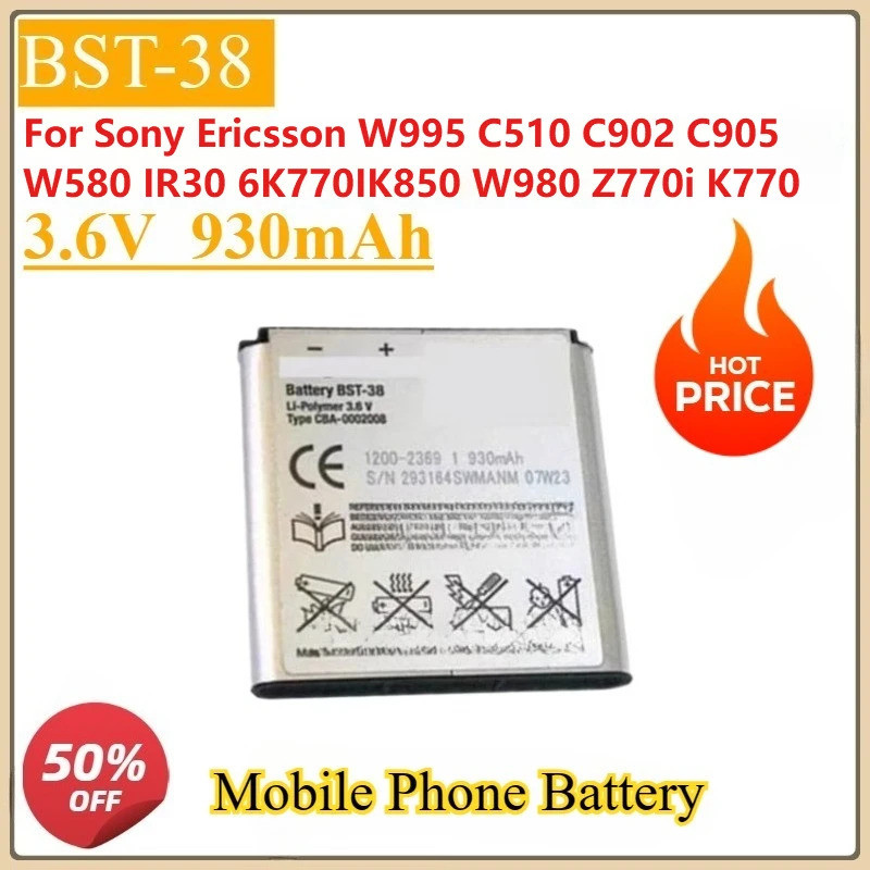 ใหม่ BST-38 3.6V 930mAh แบตเตอรี่โทรศัพท์มือถือทดแทนสําหรับ Sony Ericsson W995 C510 C902 C905 W580I 