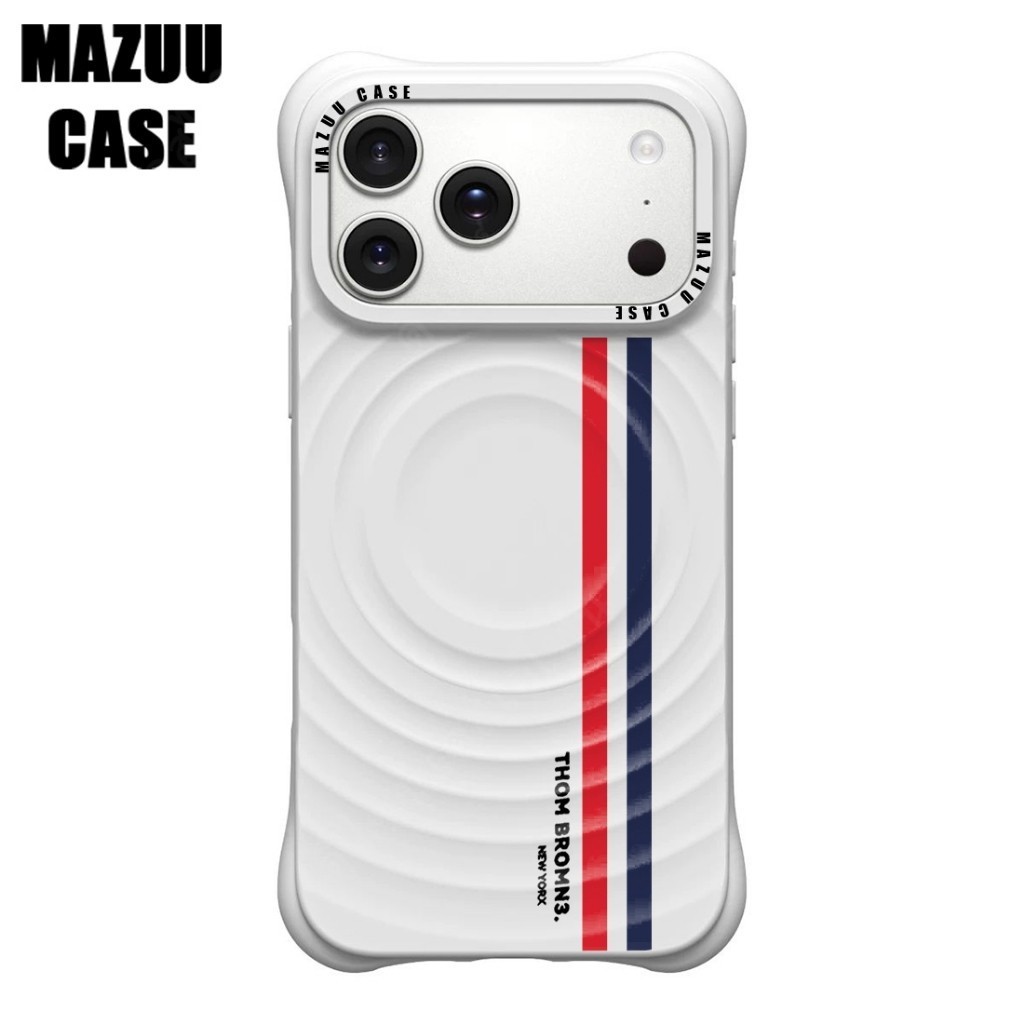 เคสไอโฟนแม่เหล็ก ลอนคลื่น มุมหนากันกระแทก ซิลิโคนขาว ลายเส้นแนวตั้งสีฟ้าแดง เรียบง่าย iPhone 17 16 15 14 13 Pro Max Plus