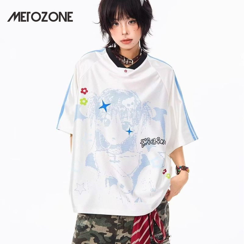 MeTozone Jersey เสื้อยืดแขนสั้นคอวีหลวมสบายๆ Y2g Millennium สไตล์ Top