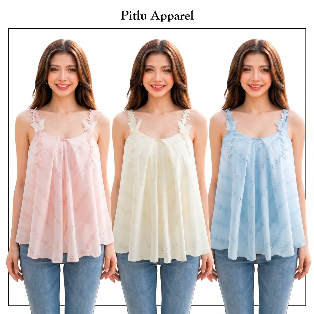 พิทลู เสื้อกล้ามแต่งผีเสื้อ3ง สีชมพู/ครีม/ฟ้าอ่อน ไซส์ ส-เอ็กแอล ผ้าคอตตอนปักลายดอก ใส่สวยหวาน ใส่เที่ยว