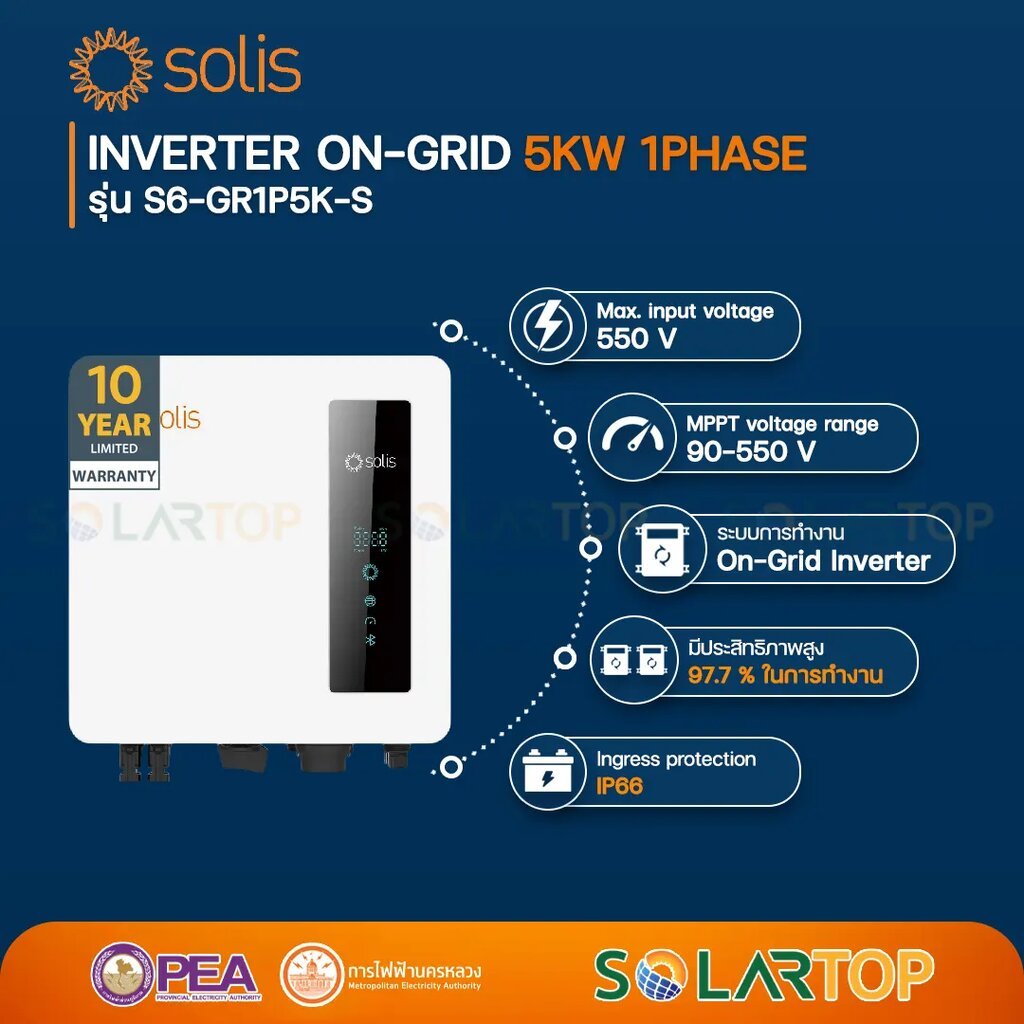 (ส่งด่วนฟรี) Solis Inverter On-Grid 5kW 1Phase (รับประกัน 5 ปีศูนย์ไทย) [จัดส่งฟรีทั่วประเทศ*]