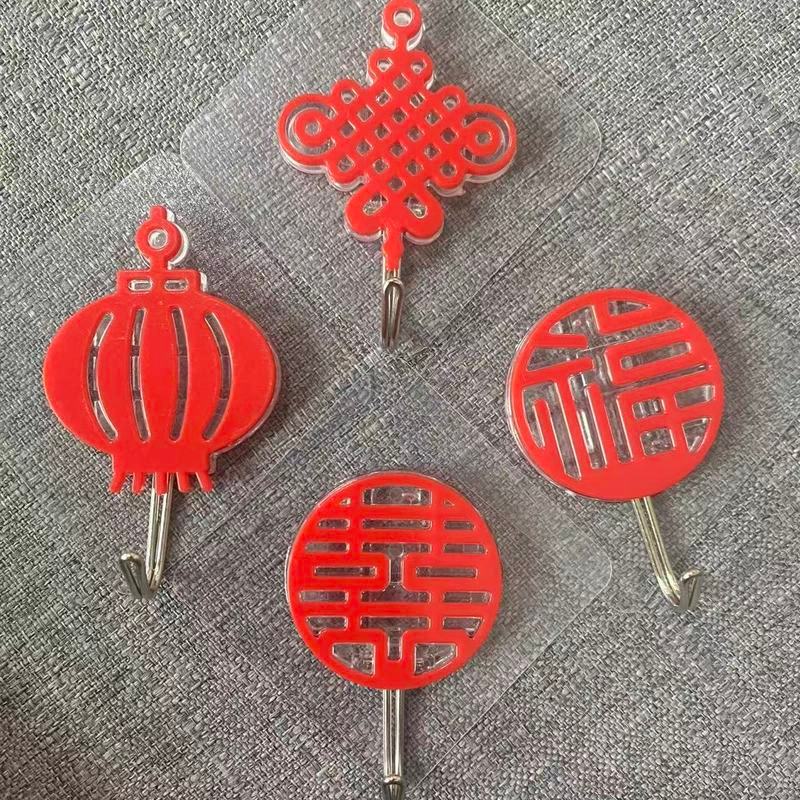 新款福字挂钩强力粘贴红色喜庆粘钩新年用中国红自粘墙壁门后免钉5/9 New style "Fu" character hook, strong adhesive red festive hook for New Year, Chinese red self-adhesive wall hook, no need for nails, for use behind doors 5/9