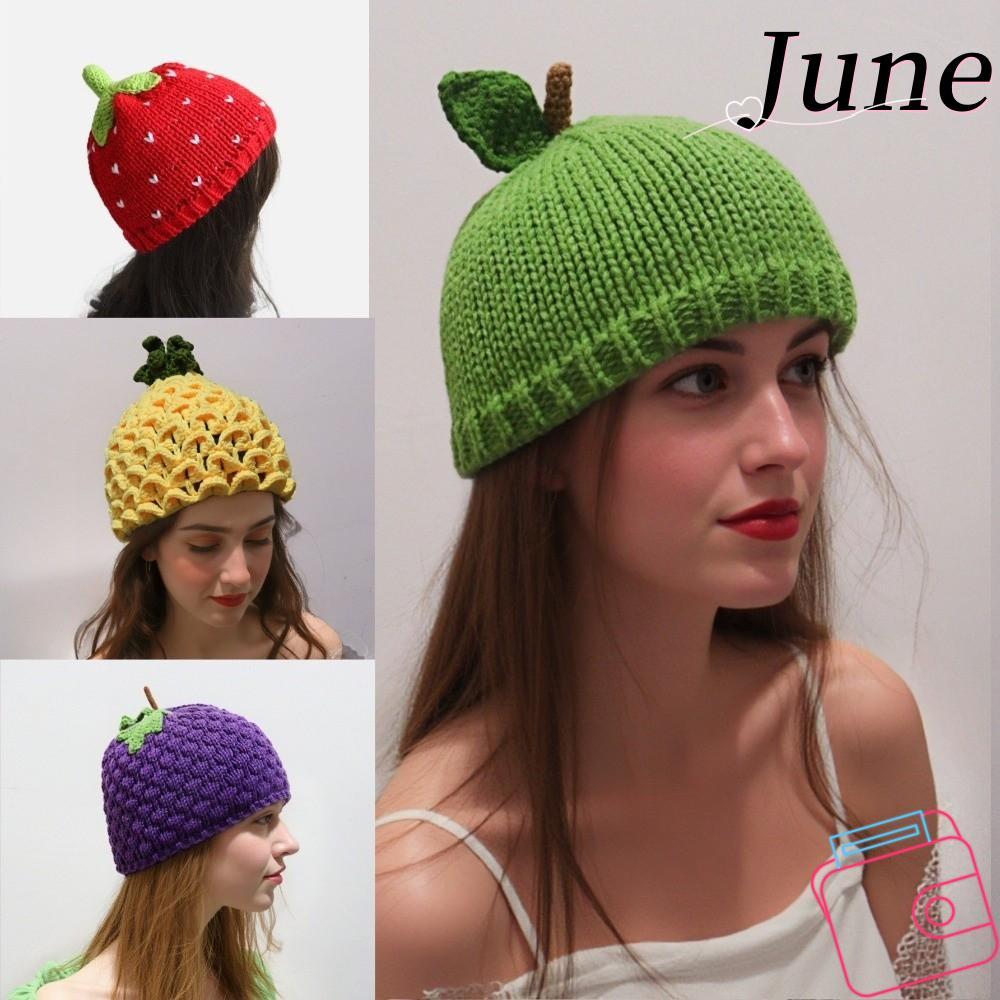 JUNEGOODS หมวกผลไม้ถัก,หมวกสวมหัวสตรอเบอร์รี่หนาอบอุ่น,แปลกใหม่ยืด Brimless หมวกสับปะรดนุ่มอุปกรณ์เสริมหัวฤดูหนาว