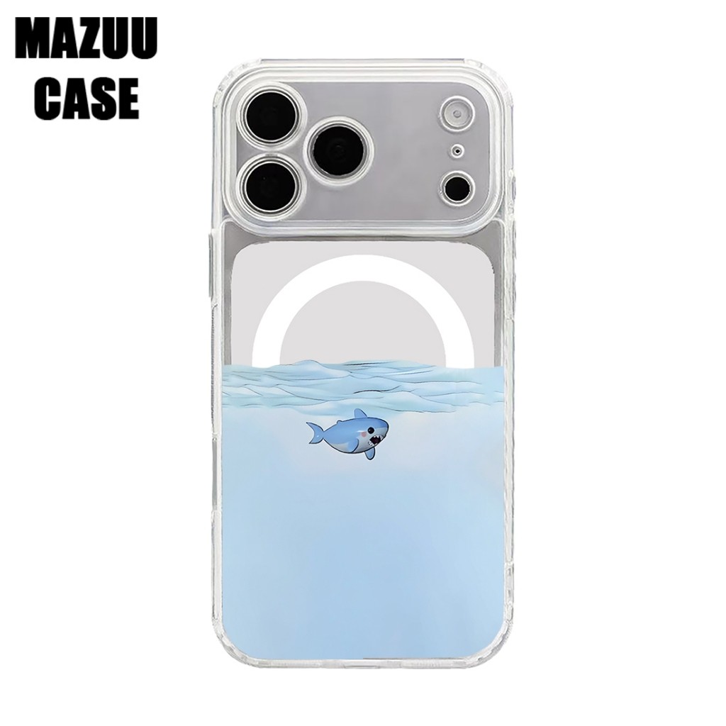 เคสไอโฟน TPU แม่เหล็กใส ปกป้องเลนส์ ลายฉลามน้อยสไตล์มินิมอลบนพื้นหลังสีฟ้า iPhone 17 16 15 14 13 12 11 Pro Max Plus