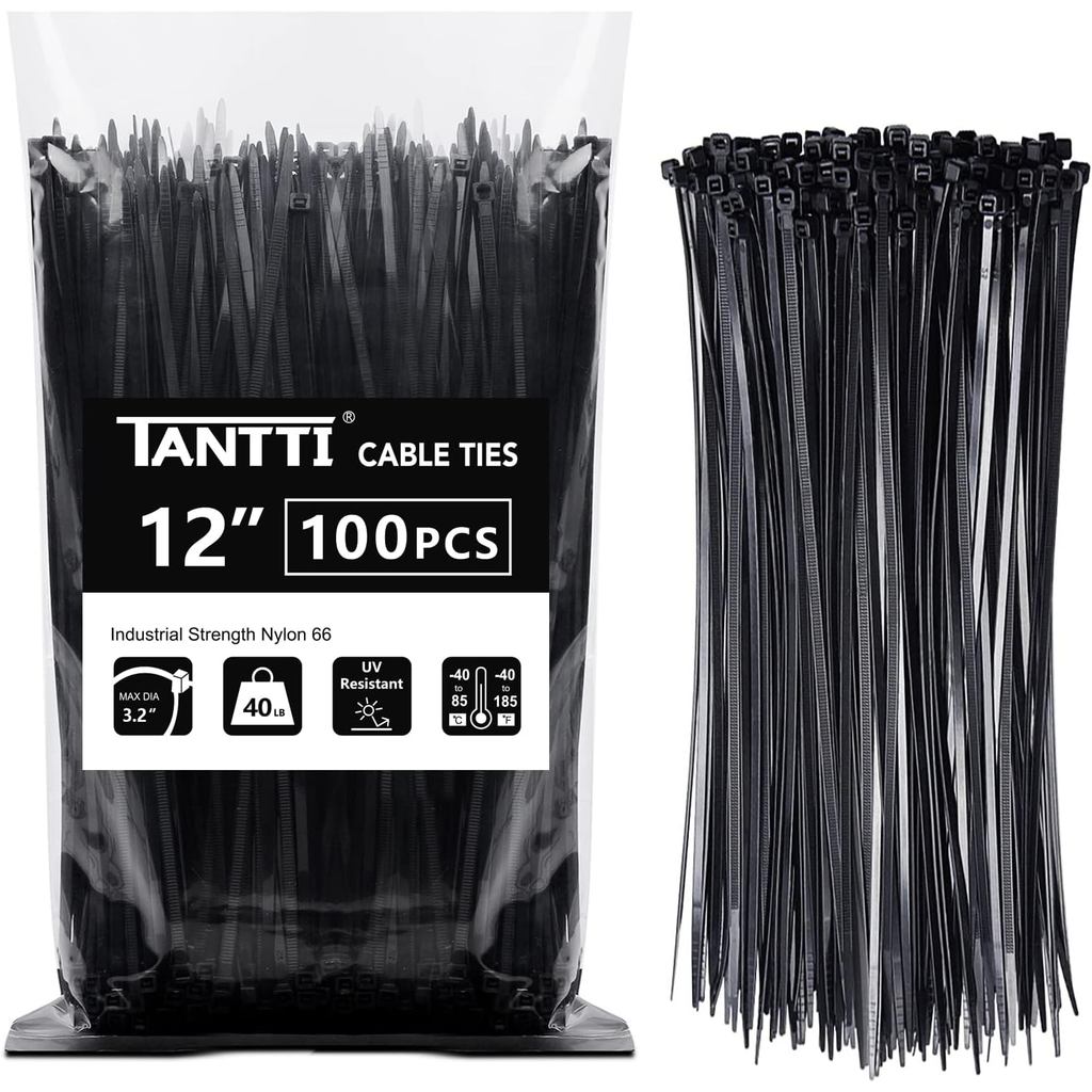 Zip Ties 12 นิ้ว, Black Zip Ties 100 แพ็ค, 40lb, Cable Ties, Self-locking Wire Ties สําหรับการใช้งาน