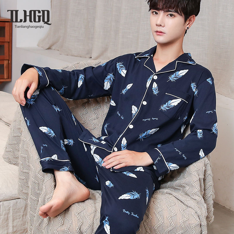 ชุดนอนสูทผ้าฝ้ายสำหรับผู้ชาย ใส่สบายและระบายอากาศได้ดี แขนยาว เหมาะสำหรับใช้ในบ้าน