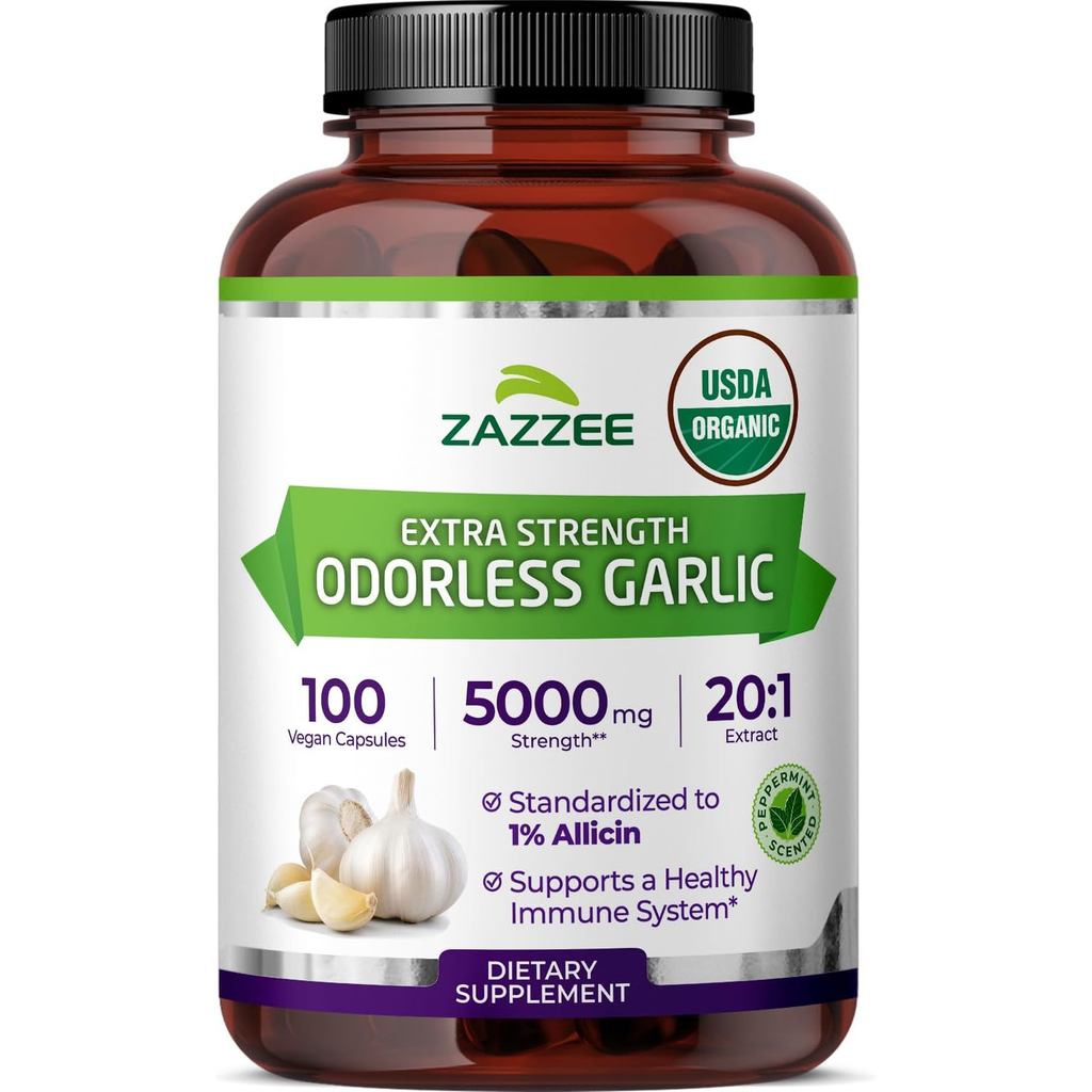 Zazzee USDA กระเทียมไร้กลิ่นออร์แกนิก 20:1 สารสกัด, 1% Allicin, 100 แคปซูลมังสวิรัติ, จ่าย 3+ เดือน,