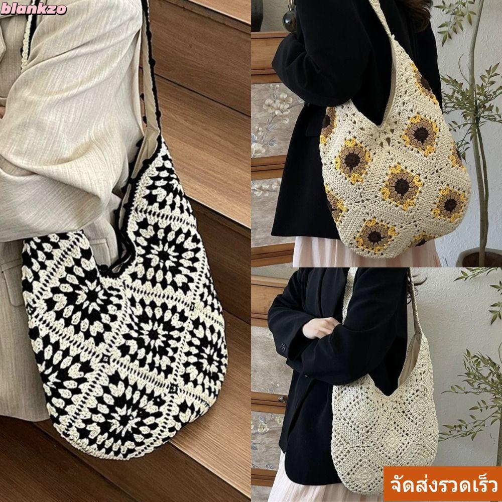 BLANKZO กระเป๋าถือ Crochet Tote ออกแบบว่างVintage Boho Style พร้อมลายดอกไม้