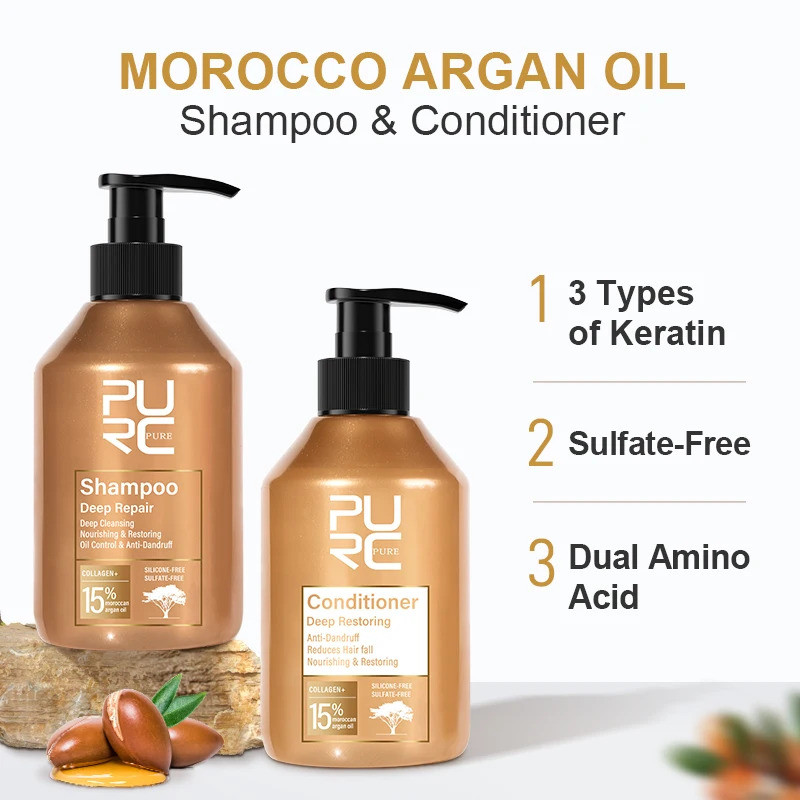 PURC Morocco Argan Oil แชมพู Conditioner Set Smoothing Nourishing Repair Damaged Frizz Hair Scalp Tr