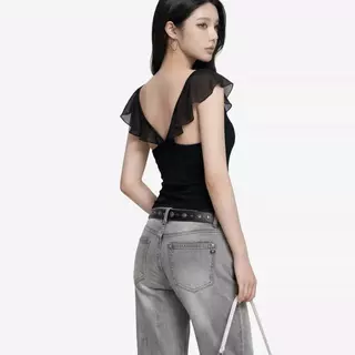 Bentoy พร้อมส่ง 2138 トップス เสื้อผู้หญิง ดีไซน์แขนสั้นระบาย ดีเทลด้านหลังทรงวีแต่งระบาย มีไซส์ให้เลือกSML