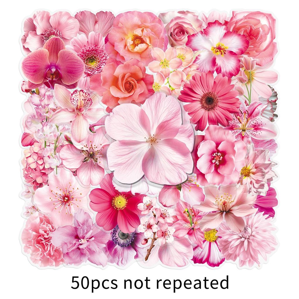 50 ชิ้นดอกไม้สีชมพู PET สติกเกอร์โปร่งใส INS สไตล์ดอกไม้ Decals Kawaii Journal Decor สติกเกอร์