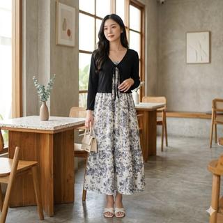 NJW - Setelan 2IN1  Dress + Cardigan, Dress CIARA Rok Panjang Motif Bunga Manis