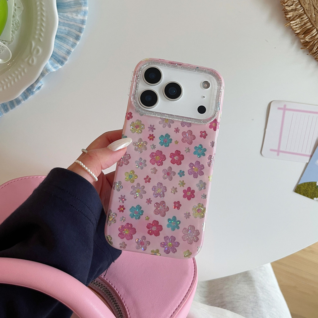 น่ารักGlitterดอกไม้ที่มีสีสันพิมพ์IPhoneสําหรับIPhone 17 16 15 Pro Max Soft Edge Hard Baseกันกระแทกฝาครอบป้องกันสีชมพูความงามBling Design