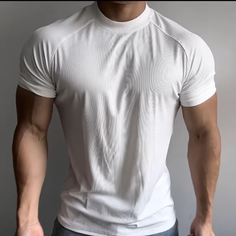 MEFEEE ผู้ชายสลิมฟิตแห้งเร็วม็อคคอเสื้อยืดยืดหยุ่นสูงน้ําหนักเบากลางแจ้งวิ่งออกกําลังกายด้านบนฤดูร้อน