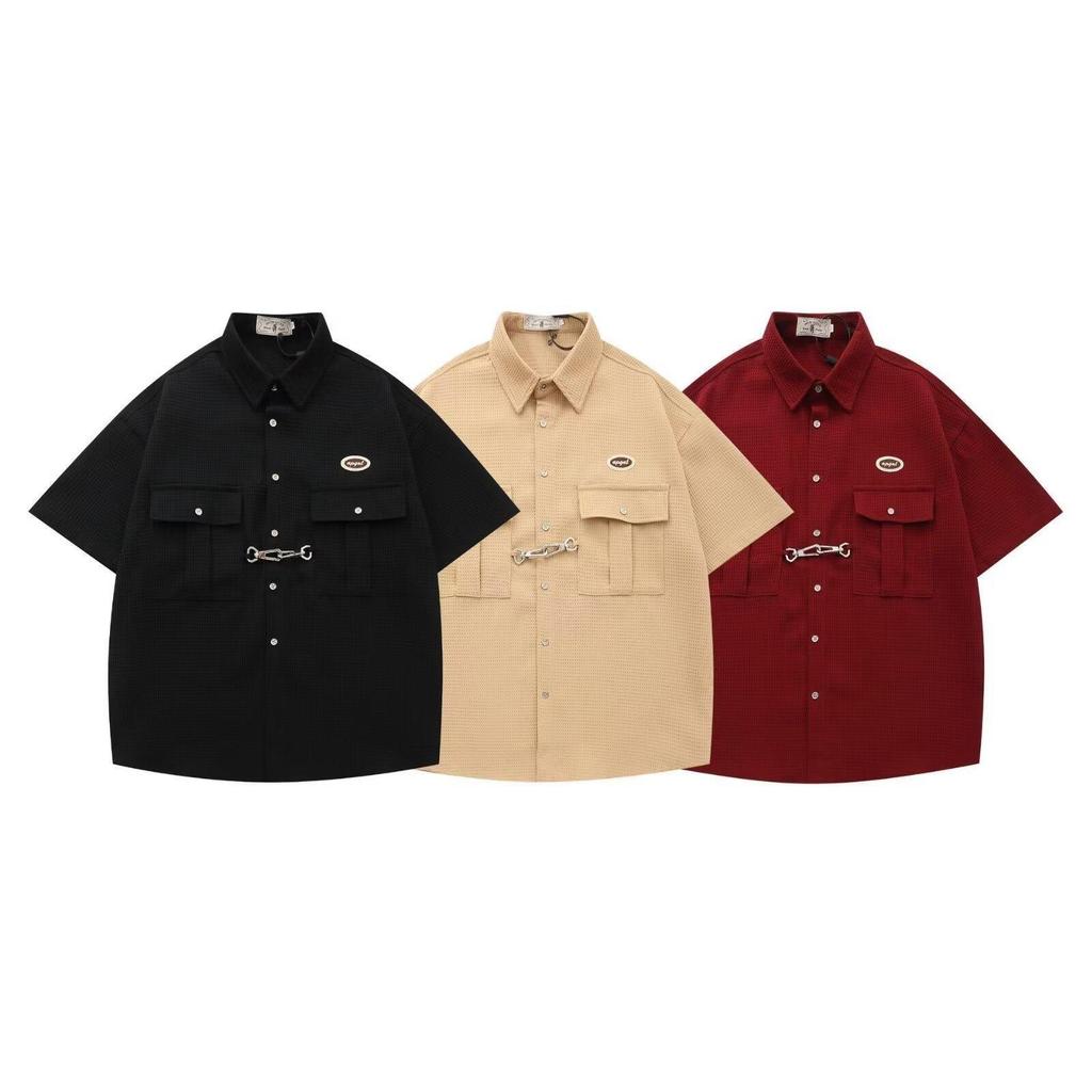MNO.9 Shirt C182 เสื้อเชิ้ต คอปก แขนสั้น ผ้าวาฟเฟิล แต่งห่วงเกี่ยวอก สตรีท มีกระเป๋าหน้า  Man ผู้ชาย