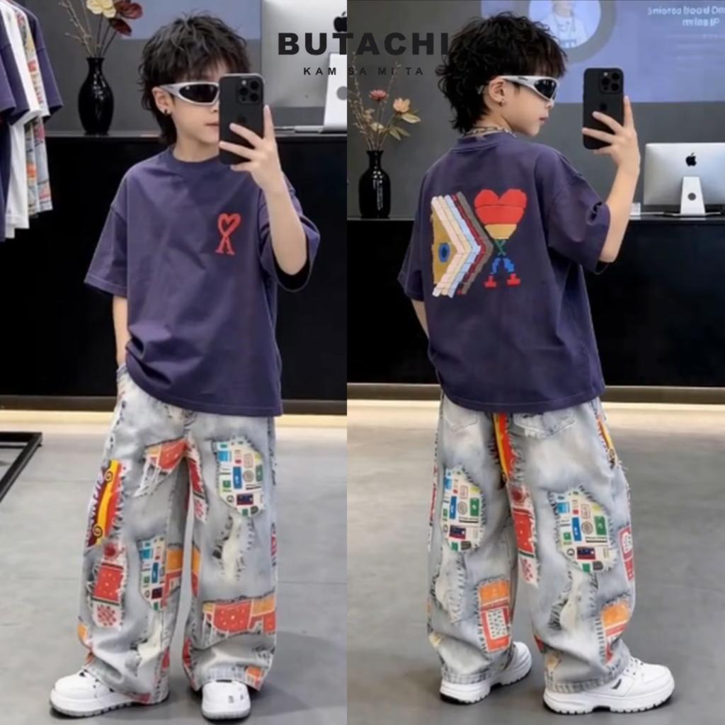 BUTACHI เสื้อยืดแขนสั้น Boxy สําหรับเด็ก ลาย HEART PUZZLE ผ้าคอตตอน 250gsm