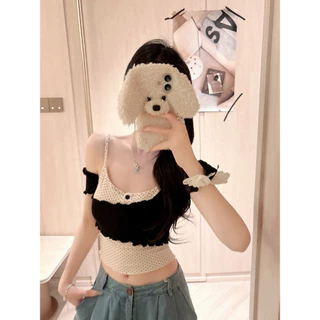 Vogue🌟พร้อมส่ง🌟 เสื้อสายเดี่ยวลายจุด+ปาดไหล่ ได้2ชิ้น แต่งกระดุมขนาดพอดีตัว (FY5052)