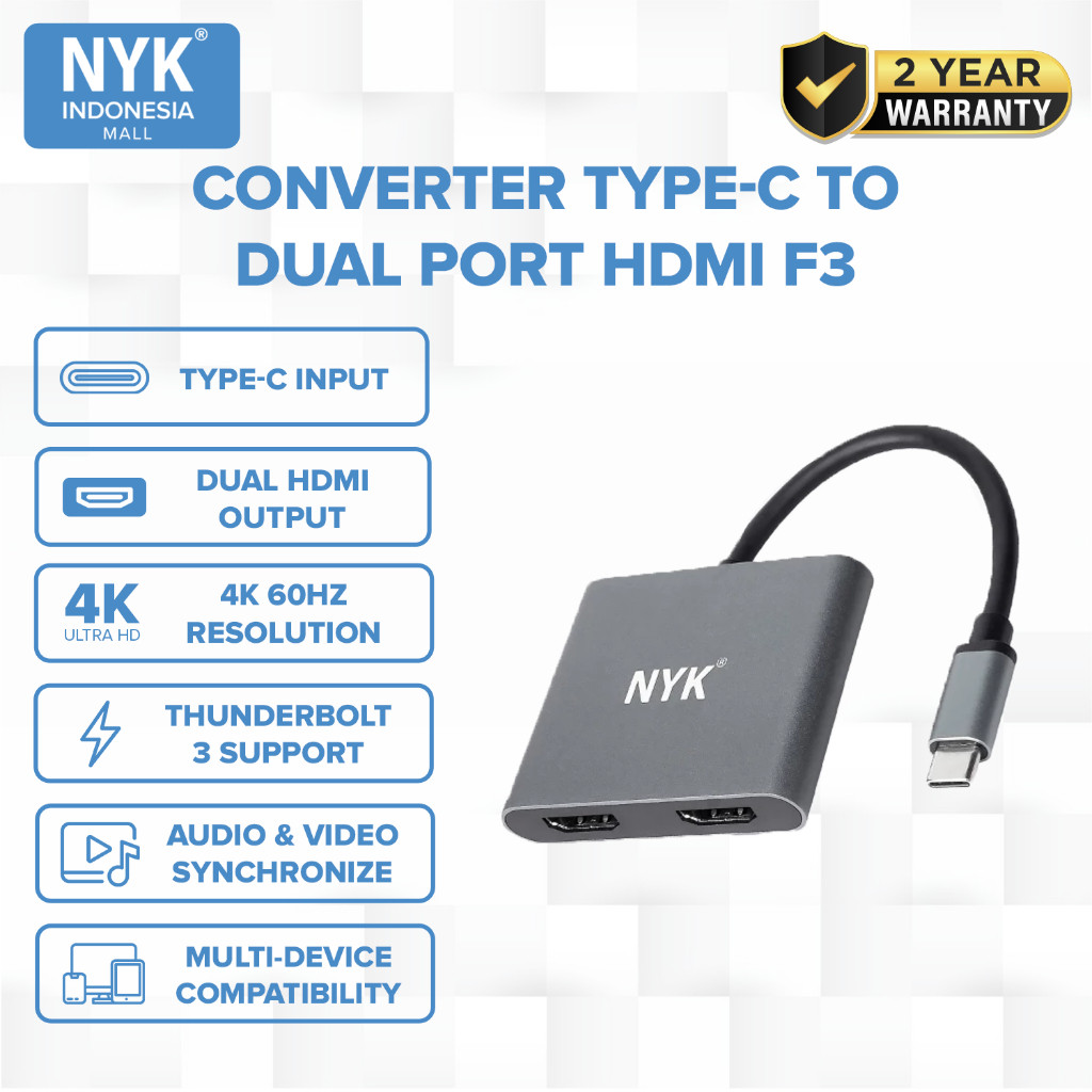 NYK Converter 2 HDMI in 1 USB 3.0 ประเภท C ถึง HDMI 4K 60hz 30hz HUB Dual Port HDMI F3