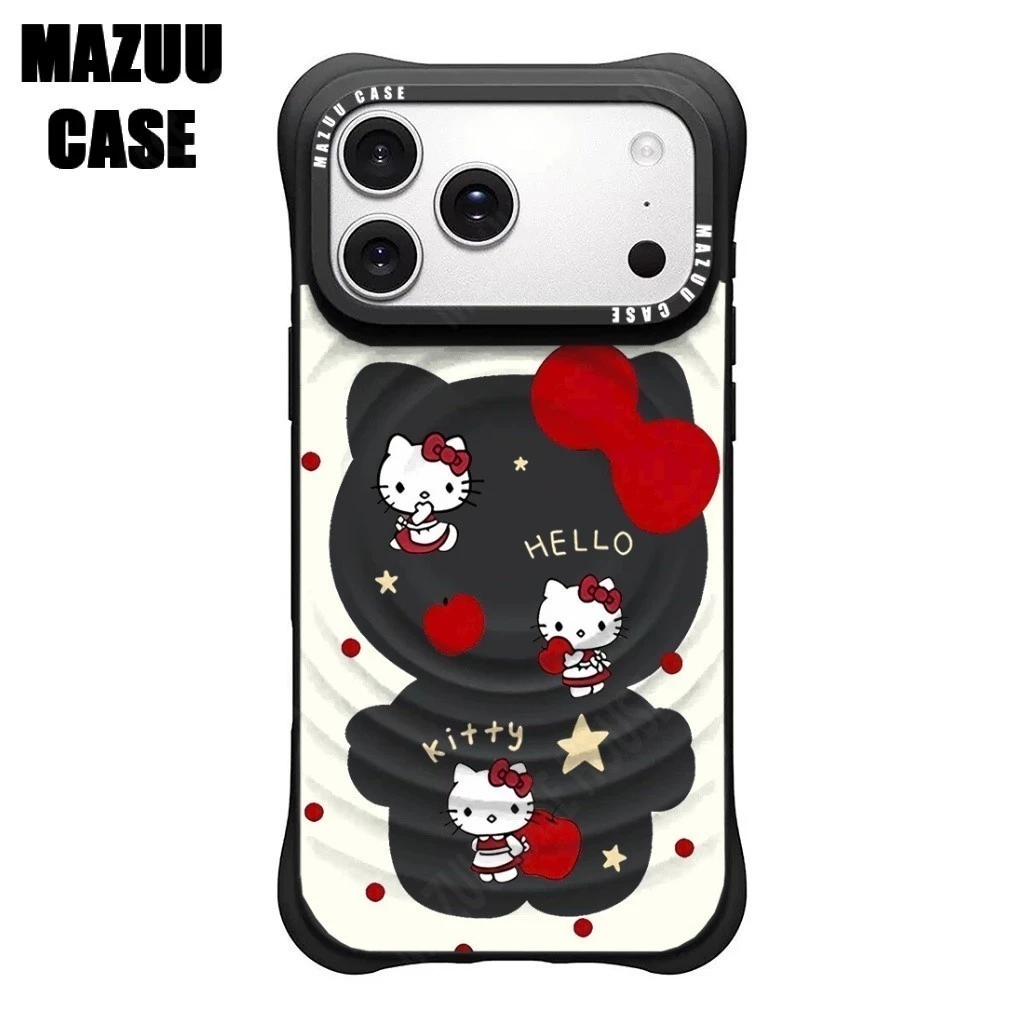 เคสไอโฟนแม่เหล็ก ลอนคลื่น มุมหนากันกระแทก ซิลิโคนดำ ลายตัดกรอบHelloKitty iPhone 17 16 15 14 13 Pro Max Plus