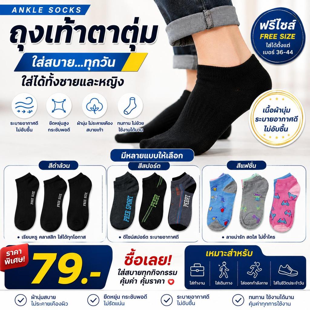ถุงเท้าตาตุ่มแพ็ค 12 คู่  ตาตุ่มสีเข้ม สีดำล้วน สีสด สีเทา คละสี คละลาย ราคาส่งจากโรงงาน
