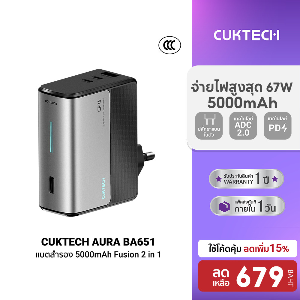 [ลดเหลือ 679] CUKTECH AURA BA651 Fusion 2 in 1 หัวชาร์จ 67W / PB100S แบตสำรอง 5000 - 10000 mAh CCC -