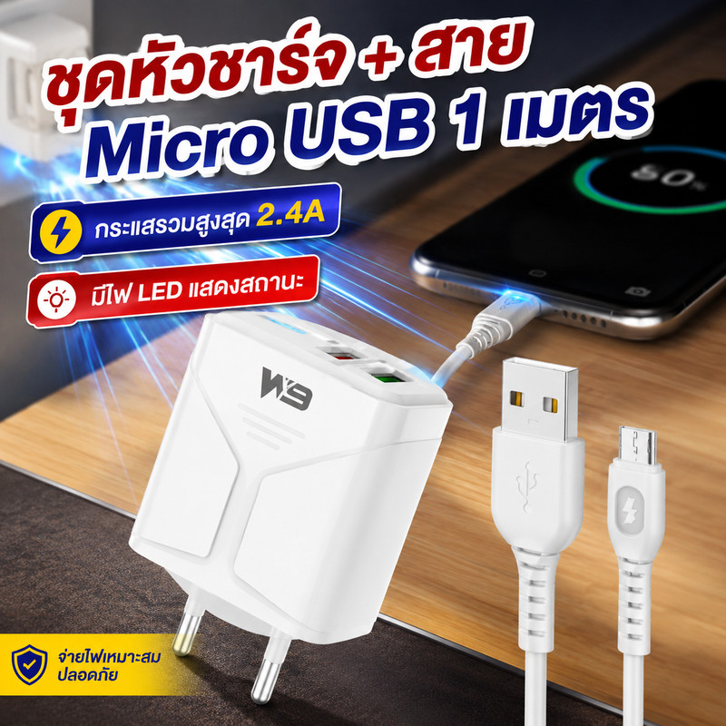 Wb ชุดหัวชาร์จและสายชาร์จ Micro USB ยาว 1 เมตร_