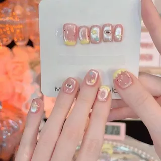 ปลายเล็บสั้นลายตาแมวสีชมพู น่ารัก เรียบง่าย เพิ่มความสดใส สติ๊กเกอร์ติดเล็บสำหรับนักเรียน